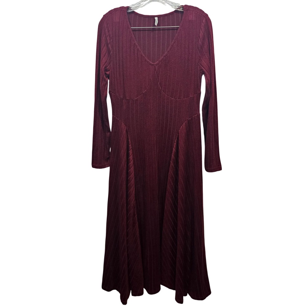 Halara Burgundy Ribbed V-Neck Long Sleeve Corset Seam Flared Midi Dress